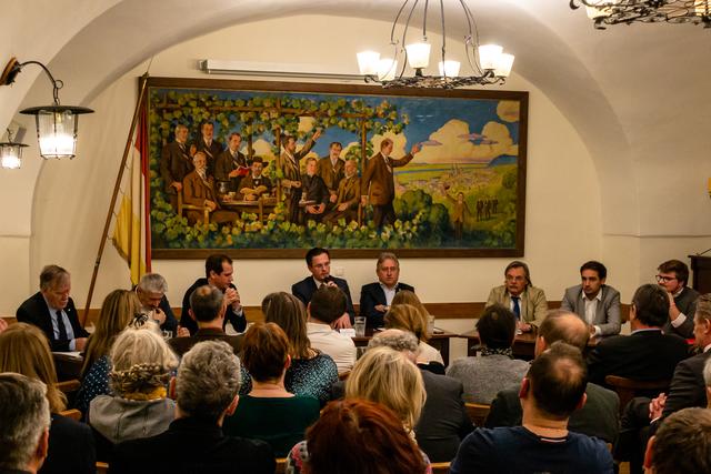 Podiumsbild, Einzelbilder (Foto: Peter Havel) von links nach rechts bzw. Reihenfolge der Bilder: DI Peter HOFBAUER (Liste Peter Hofbauer), STR, Mag. Sepp WIMMER (GRÜNE), Moderator (Mag. Christian ROHRINGER), BM Mag. Stefan SCHMUCKENSCHLAGER (VP), STR Karl SCHMID (SPÖ), STR Dr. Josef PITSCHKO (FPÖ), STR DI Johannes KEHRER (PUK) und Darius DJAWADI (NEOS)