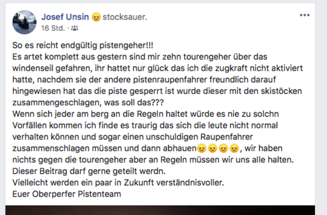 Pistenchef Josef Unsin lässt seinem Ärger in einem Facebook-Eintrag freien Lauf!