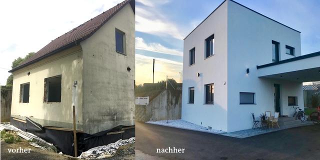 Aus dem linken, alten Haus wurde das rechte Schmuckstück – Tölly Bau macht's möglich