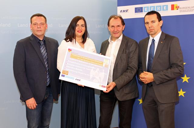 Präsentation der neuen Förderung für Gemeinden, die in den Klimaschutz investieren: Roman Sodoma (RMB), LR Astrid Eisenkopf, Johann Binder (Forschung Burgenland) und Harald Horvath (RMB)
