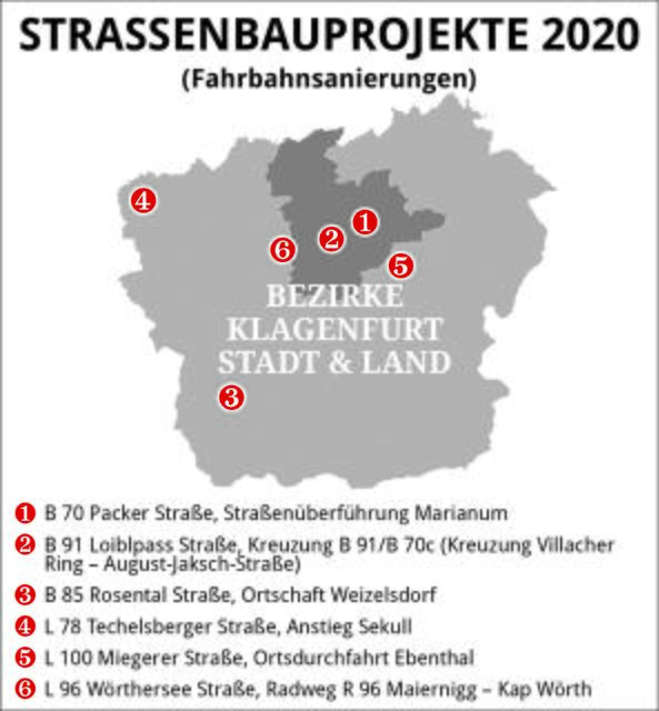 Die wichtigsten Baustellen 2020 in Klagenfurt Stadt und Land | Foto: Grafik: WOCHE