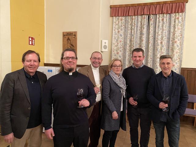 Beim Neujahrsempfang der Pfarre Wiesen: Bürgermeister Matthias Weghofer, Pfarrer Thorsten Carich, Konrad Kremser, Pfarrvikarin Alexandra Pauschenwein, GV Christoph Ramhofer und Vizebürgermeister Josef Habeler