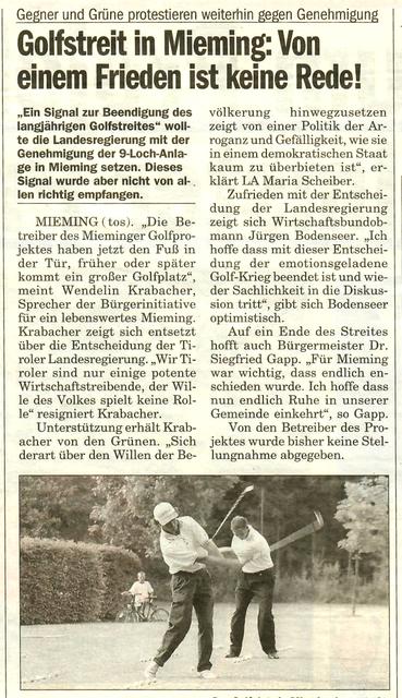 Rückblick: Der Blickpunkt am 2. Februar 2000 schrieb zum Golfstreit in Mieming