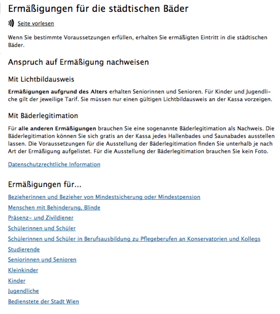 Screenshot www.wien.gv.at/freizeit/baeder/ vom 14. Jänner 2020, 11.50 Uhr. Die Homepage der Wiener Bäder ließ keine Zweifel offen: Senioren haben Anspruch auf ermäßigte Jahreskarten. Doch angeblich gab es diese Ermäßigung nie.