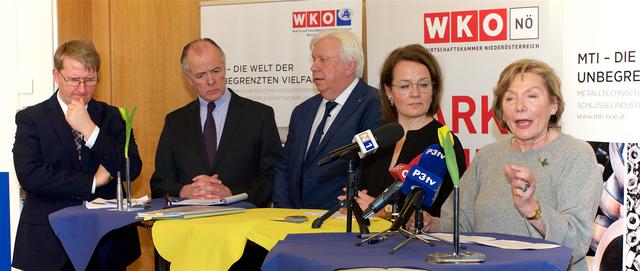 Studienautor Herwig Schneider, Veit Schmid-Schmidsfelden (Obmann MTI), Bildungsdirektor Johann Heuras, Bildungs-Landesrätin Christiane Teschl-Hofmeister und WKNÖ-Präsidentin Sonja Zwazl. | Foto: Santrucek