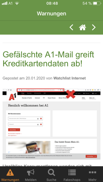 Unser App-Tipp der Woche: Internet Watch ist eine Informationsapp, die vor Inernetbetrugsversuchen warnt. Sie hilft dabei, Betrug, Phishing, Abofallen und vieles mehr zu erkennen.  | Foto: Screenshot