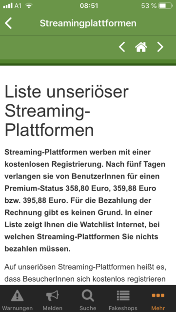 Unser App-Tipp der Woche: Internet Watch ist eine Informationsapp, die vor Inernetbetrugsversuchen warnt. Sie hilft dabei, Betrug, Phishing, Abofallen und vieles mehr zu erkennen.  | Foto: Screenshot