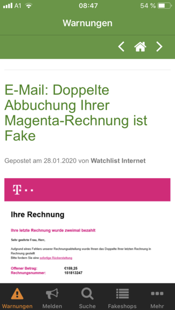 Unser App-Tipp der Woche: Internet Watch ist eine Informationsapp, die vor Inernetbetrugsversuchen warnt. Sie hilft dabei, Betrug, Phishing, Abofallen und vieles mehr zu erkennen.  | Foto: Screenshot