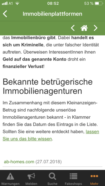 Unser App-Tipp der Woche: Internet Watch ist eine Informationsapp, die vor Inernetbetrugsversuchen warnt. Sie hilft dabei, Betrug, Phishing, Abofallen und vieles mehr zu erkennen.  | Foto: Screenshot