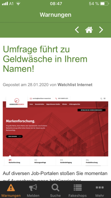 Unser App-Tipp der Woche: Internet Watch ist eine Informationsapp, die vor Inernetbetrugsversuchen warnt. Sie hilft dabei, Betrug, Phishing, Abofallen und vieles mehr zu erkennen.  | Foto: Screenshot