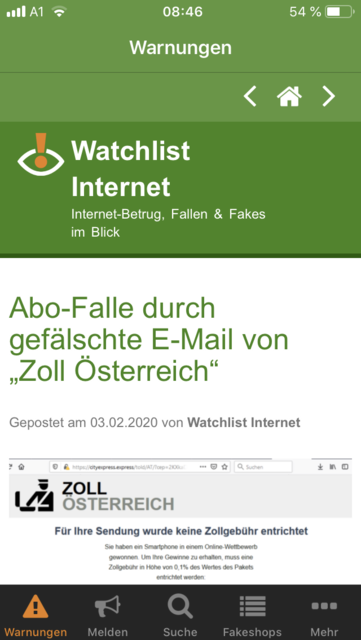 Unser App-Tipp der Woche: Internet Watch ist eine Informationsapp, die vor Inernetbetrugsversuchen warnt. Sie hilft dabei, Betrug, Phishing, Abofallen und vieles mehr zu erkennen.  | Foto: Screenshot
