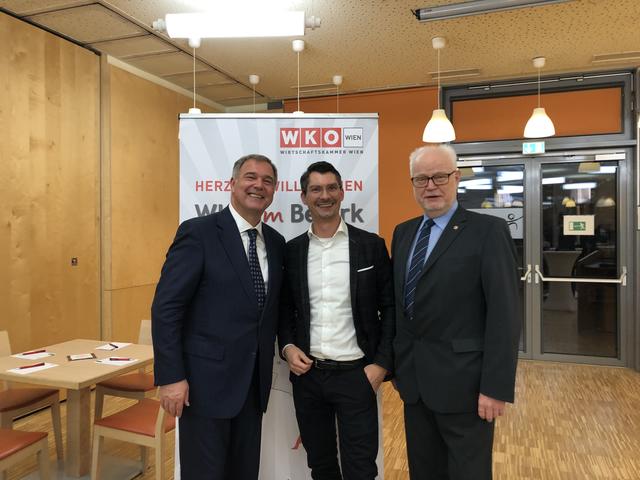 Walter Ruck, Andreas Perotti und Joe Witke (v.l.) beim Simmeringer Businesstreffen im Jufa-Hotel.
