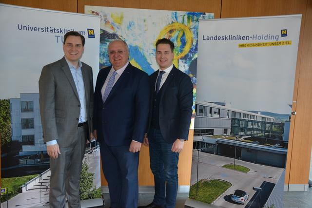 LAbg Christoph Kaufmann, KHBW Dir. Andreas Mikl und LAbg. Bernhard Heinreichsberger im Universitätsklinikum Tulln