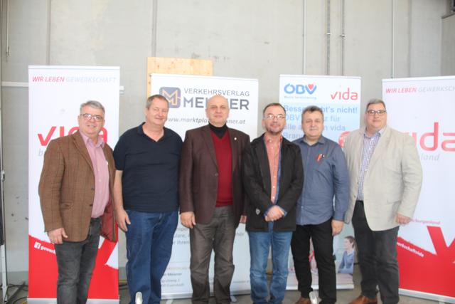 vida-Landesvorsitzender Erich Mauersics, KV-Chefverhandler für LKW-Lenker Matthias Lachowitz, vida-Landesgeschäftsführer Ernst Gruber, vida-Bundessekretär Karl Delfs, Gruppeninspektor Horst Meixner und KV-Chefverhandler für Autobusse, Günter Unger. | Foto: ÖGB Burgenland