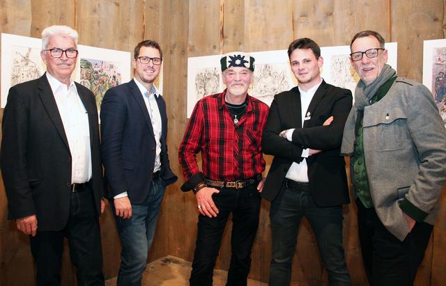 (v.l.) Kulturreferent GV Josef Federspiel, Bgm. & Fasnachtsobmann Christian Härting, Johann F. Reich, Laudator Jakob Auer und Bildungsreferent GR Klaus Schuchter.