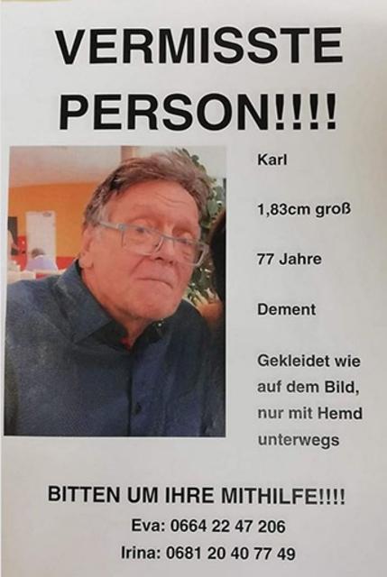 Mit diesem Plakat wurde die Suche an Karl Zehetmaier unterstützt.