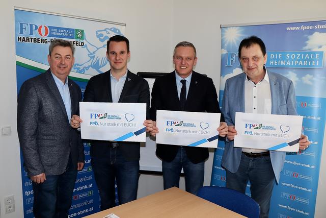 Hoffen auf Zugewinne für die FPÖ im Bezirk: LAbg. Ewald Schalk, Stefan Hermann, Mario Kunasek und Anton Kogler (v.l.). | Foto: Alfred Mayer