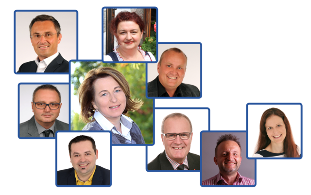 Mitglieder des Stadtrates (beginnend von links oben): Christian Hennerbichler (ÖVP), Patricia Winkler (parteilos), Clemens Poißl (ÖVP), Elisabeth Paruta-Teufer (ÖVP), Klaus Haunschmied (ÖVP), Dietmar Weinzinger (ÖVP), Christian Gratzl (SPÖ), Klaus Fürst-Elmecker (Die Grünen) und Sonja Seifried (SPÖ). | Foto: Stadtgemeinde