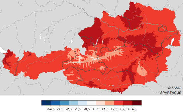 Temperatur im Winter 2019/20: Abweichung der Temperatur vom vieljährigen Mittel 1981-2010. Auswertung mit SPARTACUS-Daten bis inkl. 26.2.2020.