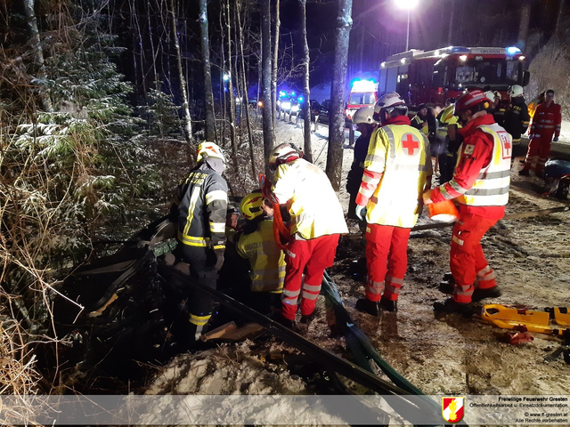 Einsatz in Gresten-Land: Ein Autolenker kam in Unteramt auf der eisigen Straße von der Fahrbahn ab und landete im Graben. | Foto: Freiwillige Feuerwehr Gresten