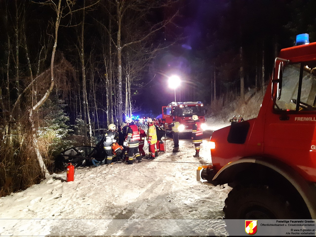 Einsatz in Gresten-Land: Ein Autolenker kam in Unteramt auf der eisigen Straße von der Fahrbahn ab und landete im Graben. | Foto: Freiwillige Feuerwehr Gresten