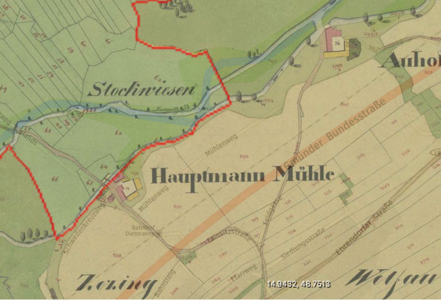 Diese Karte zeigt eine alte Ansicht nähe Wielands an der jetzigen Bundesstraße.