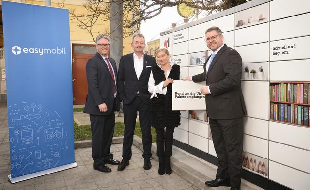Bürgermeister Robert Weber, A1-CEO Marcus Grausam, Wiener Lokalbahnen-Geschäftsführerin Monika Unterholzner und NÖ-Mobilitätslandesrat Ludwig Schleritzko. | Foto: WLB/Zinner