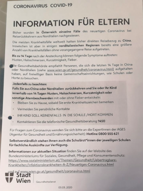 Information an die Eltern: Bei Symptomen soll das Kind keinesfalls in die Schule geschickt werden.