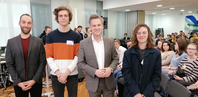 DAS BORG-Perg-Team mit Professor David Falkner, Georg Haslhofer, ZIB-Moderator Tarek Leitner und Finalist Emilio Wurm (v. l.)
