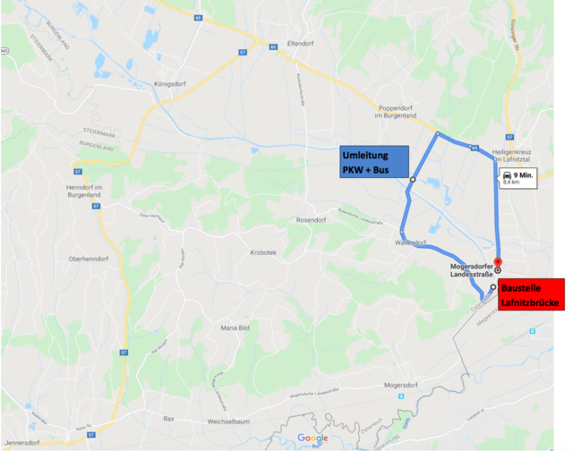 Der PKW und Bus-Verkehr werden über die Orte Deutsch Minihof und Wallendorf.