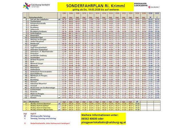 Der Fahrplan der Pinzgauer Lokalbahn von Zell am See in Richtung Krimml, gültig ab Donnerstag, den 19. März 2020.