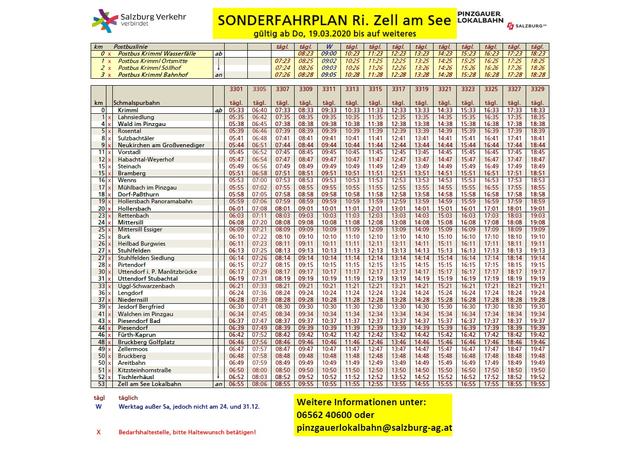 Der Fahrplan der Pinzgauer Lokalbahn von Krimml in Richtung Zell am See, gültig ab Donnerstag, den 19. März 2020.