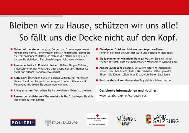 Das Rote Kreuz hat gemeinsam mit der Polizei, der Stadt Salzburg, der SLTG (SalzburgerLand Tourismus) und dem Land Salzburg Tipps zusammengestellt, damit einem die Decke nicht auf den Kopf fällt.