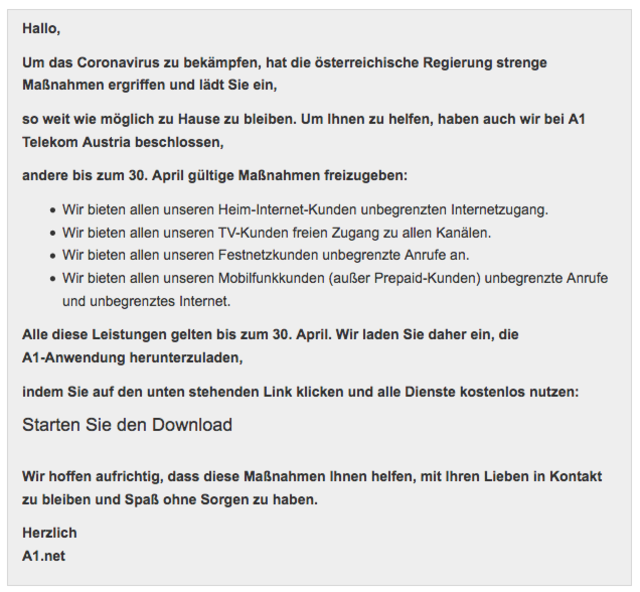 Aktuell nützen Kriminelle auch das Corona-Virus für ihre Betrugsversuche. Derzeit erhalten viele Internetnutzer Phishing-Mails. Dabei geben sie sich als Unternehmen, beispielsweise A1, aus.