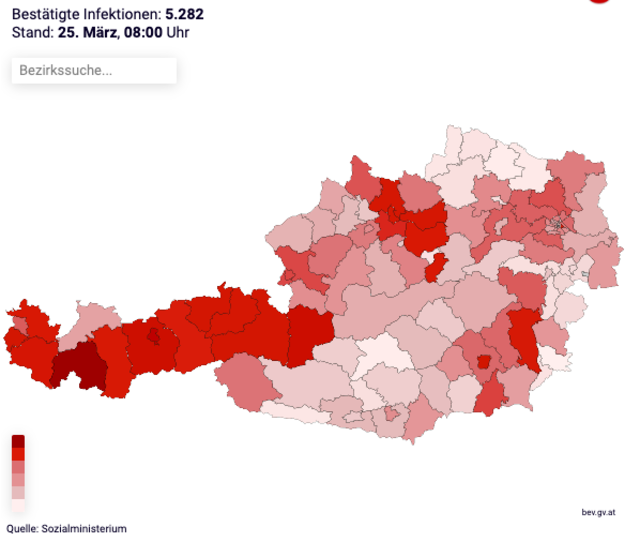 Bestätigte Infektionen in Österreich auf Bezirksebene mit Stand 25. März um 8 Uhr.