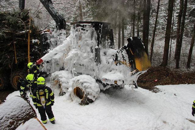 Die Feuerwehren Rudersdorf-Berg und Rudersdorf-Ort löschten den Brand der forstwirtschaftlichen Erntemaschine. | Foto: Bezirksfeuerwehrkommando Jennersdorf