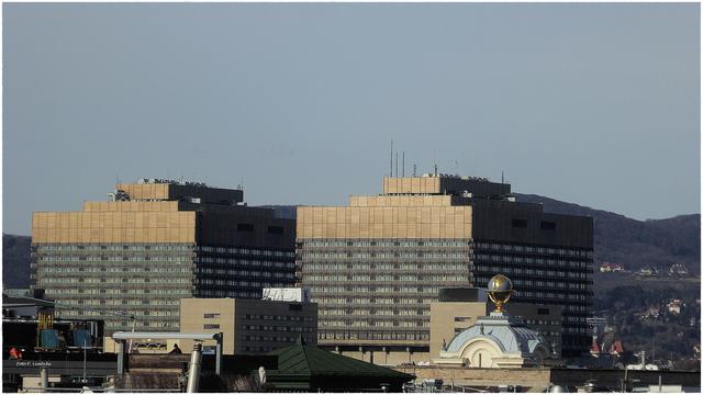Die beiden Türme des AKH, halb rechts im Vordergrund das Dach des ehemaligen Karthographischen Instituts beim Rathaus.