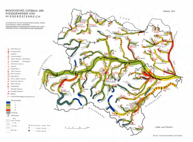 In den 1970ern: Zu erkennen sind rote, "übermäßig verschmutzte Flussabschnitte, etwa an der Ybbs zwischen Kematen und Donaumündung. | Foto: Gewässergütekarte 2006, Amt der NÖ Landesregierung