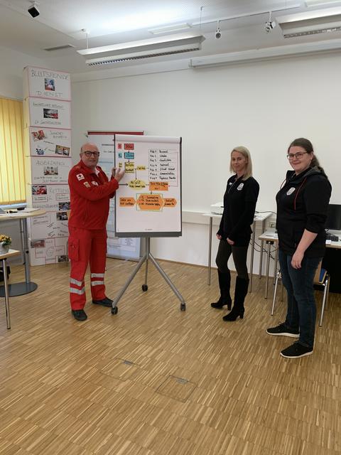 Rotes Kreuz-Schulungsleiter Peter Reinthaler und LASK-Mitarbeiterinnen Karina Rainer und Franziska Lindorfer (v. l.).
