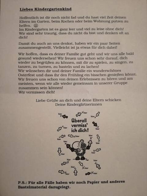 Mit lieben Worten und Bildern zeigen die Kindergärtnerinnen, dass sie auch jetzt für ihre "Kinder" da sind.