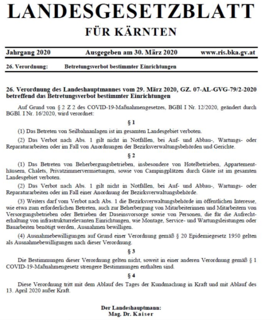 Das Betretungsverbot für bestimmte Einrichtungen im Tourismus wurde im Landesgesetzblatt veröffentlicht.