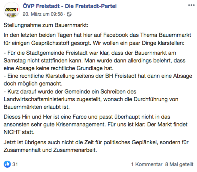 Posting der ÖVP Freistadt vom 20. März 2020.