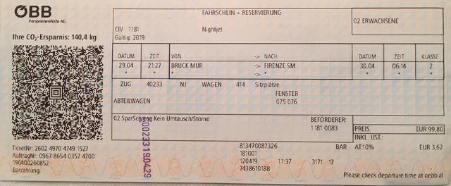 Unsere Bahnkarte, Abfahrt 29. April-Ankunft 30. April