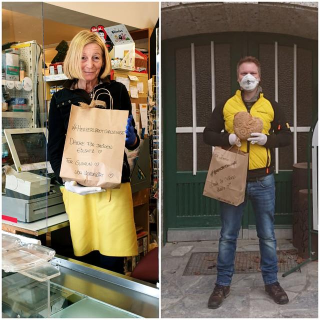 Auch bei der Herzerlbrotchallenge von Christina Bauer wurde beim Löckerwirt mitgemacht. Links im Bild: Gudrun Oberkofler, rechts: Josef Kocher. Diese beiden erhielten ein Herzerlbrot von Familie Löcker.