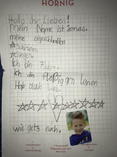 Mit diesem Brief hat Jonas Raith die Herzen der Bewohner des Bezirkspflegeheimes Weiz erobert.
