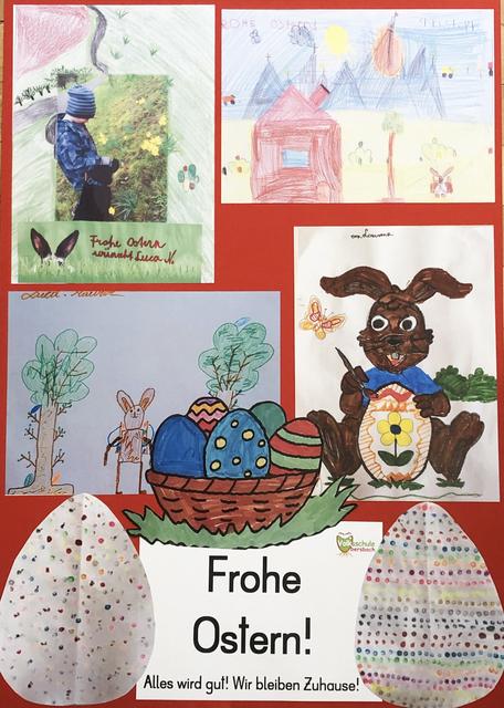 "Frohe Ostern" wünschen die Volksschulkinder der VS Übersbach mit ihren selbstgemalten Plakatwänden.