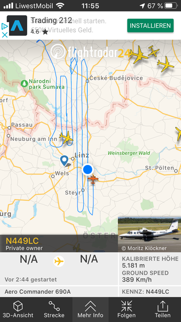 Das Bild zeigt ein Messflugzeug, das gestern im Bereich Oberösterreich/Tschechien unterwegs war und dort Photogrammetrische Aufnahmen erstellt hat.