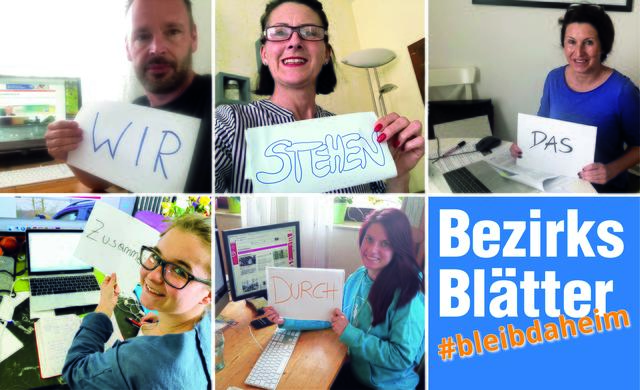 Das Team der Tullner Bezirksblätter bleibt daheim: Joachim Pricken, Karin Zeiler, Silvie Zehentbauer, Katharina Gollner, Alexandra Ott.  | Foto: Collage: Alexandra Ott