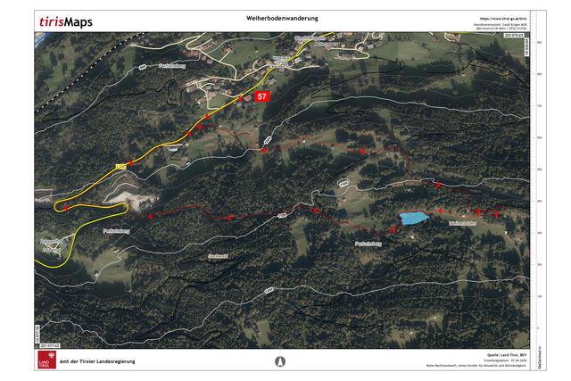 Bild 40: Ein Auszug einer Luftaufnahme aus TirisMaps. Hier trug ich meine Wanderroute ein. Start und Ziel war Perfuchsberg Nr. 57. Die ersten bzw. letzten 200 Meter waren auf gleicher Strecke. Länge ca. 3.500 m und Höhenunterschied ca. 200 m. Empfehle Vollbildmodus! | Foto: © Land Tirol (Kartenmaterial) und Ergänzung Wanderroute von Ing. Günter Kramarcsik