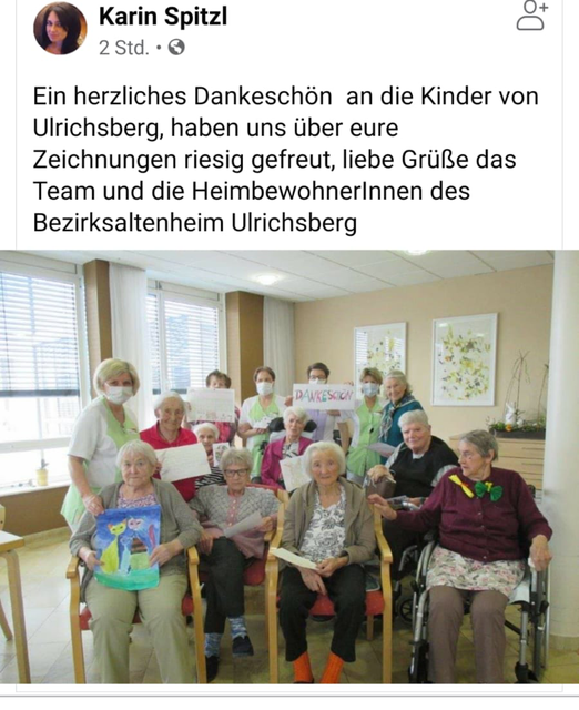 Bewohner und Team des Ulrichsberger Altenheims haben sich kürzlich mit diesem Foto bei den Kindern bedankt. | Foto: Karin Spitzl/Facebook